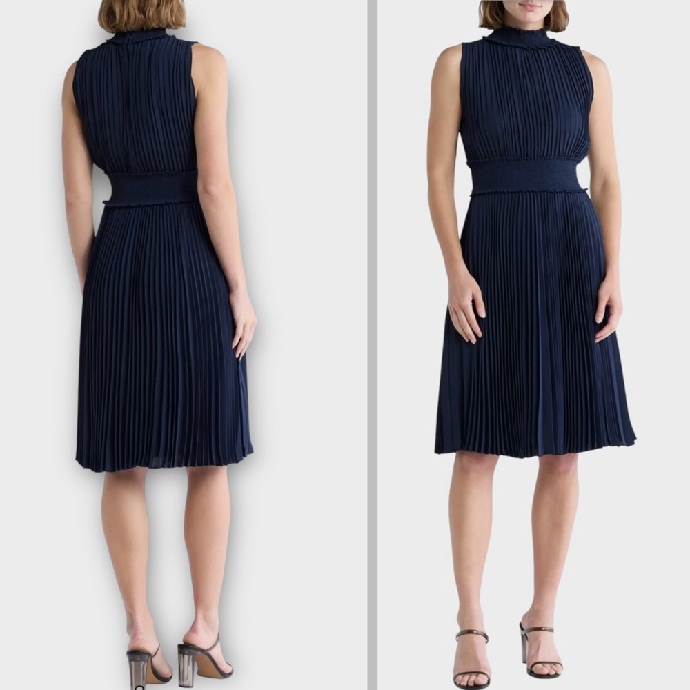 Nanette Lepore Navy Blue Smocked Waist Pleated Dress 10 knee length sleeveless